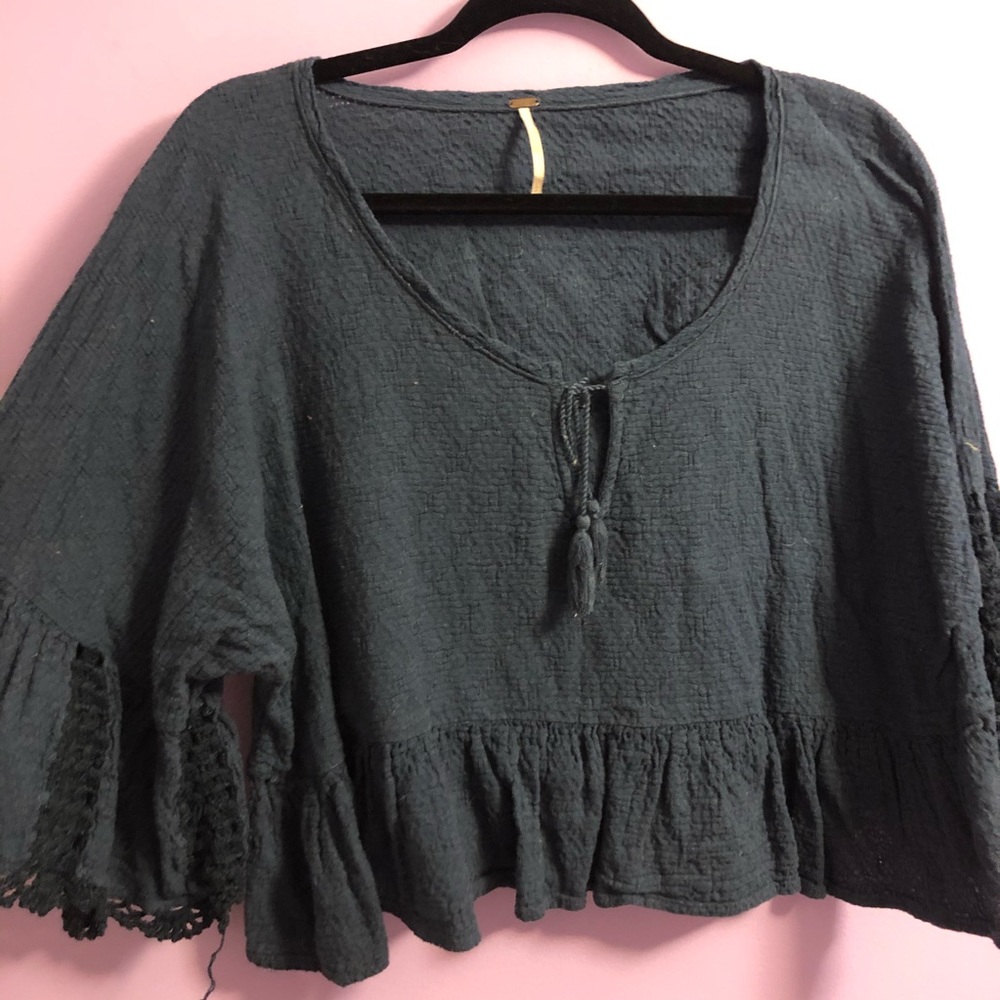 Free People Navy Blue Cropped Blouse